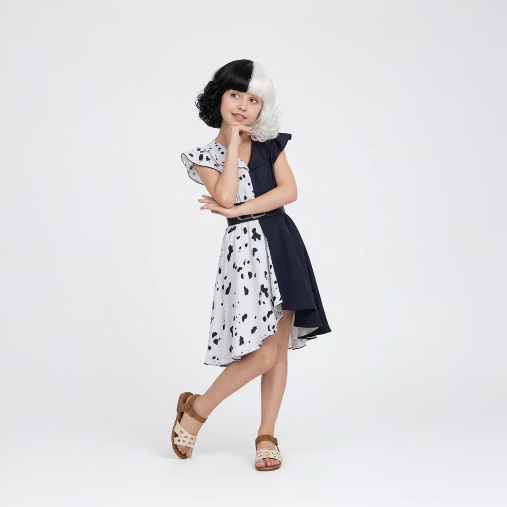 Kids Cruella De Vil Costume Dalmatian Cape and Wig Halloween
