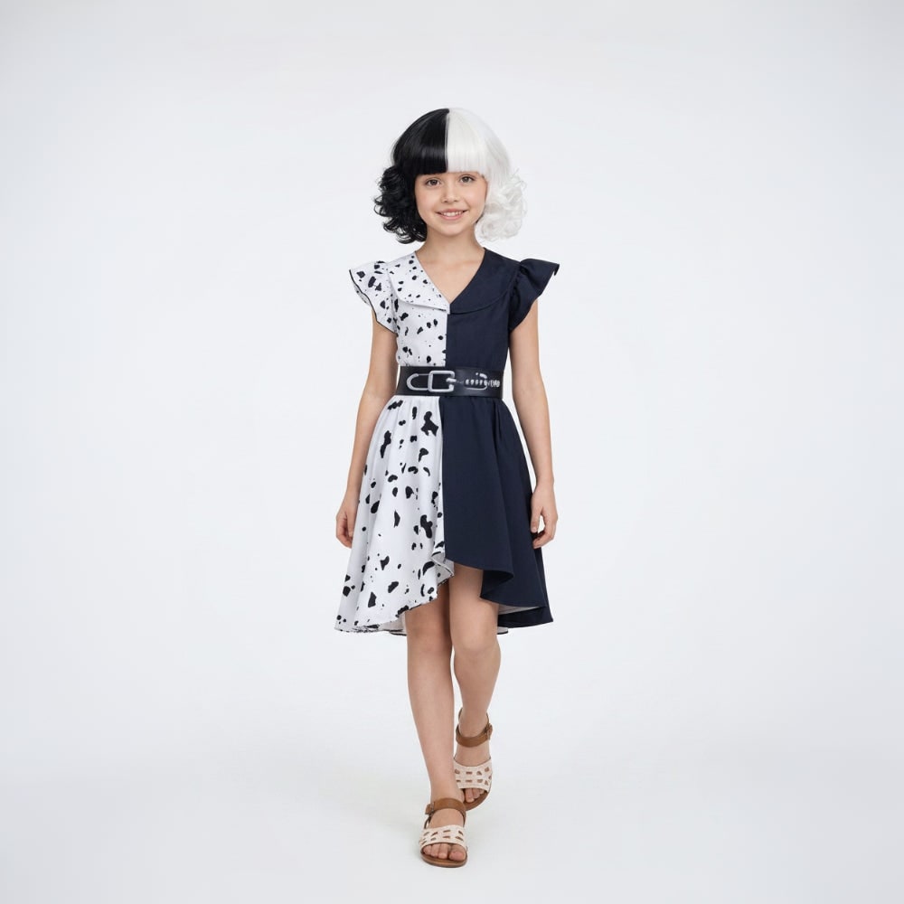 Kids Cruella De Vil Costume Dalmatian Cape and Wig Halloween