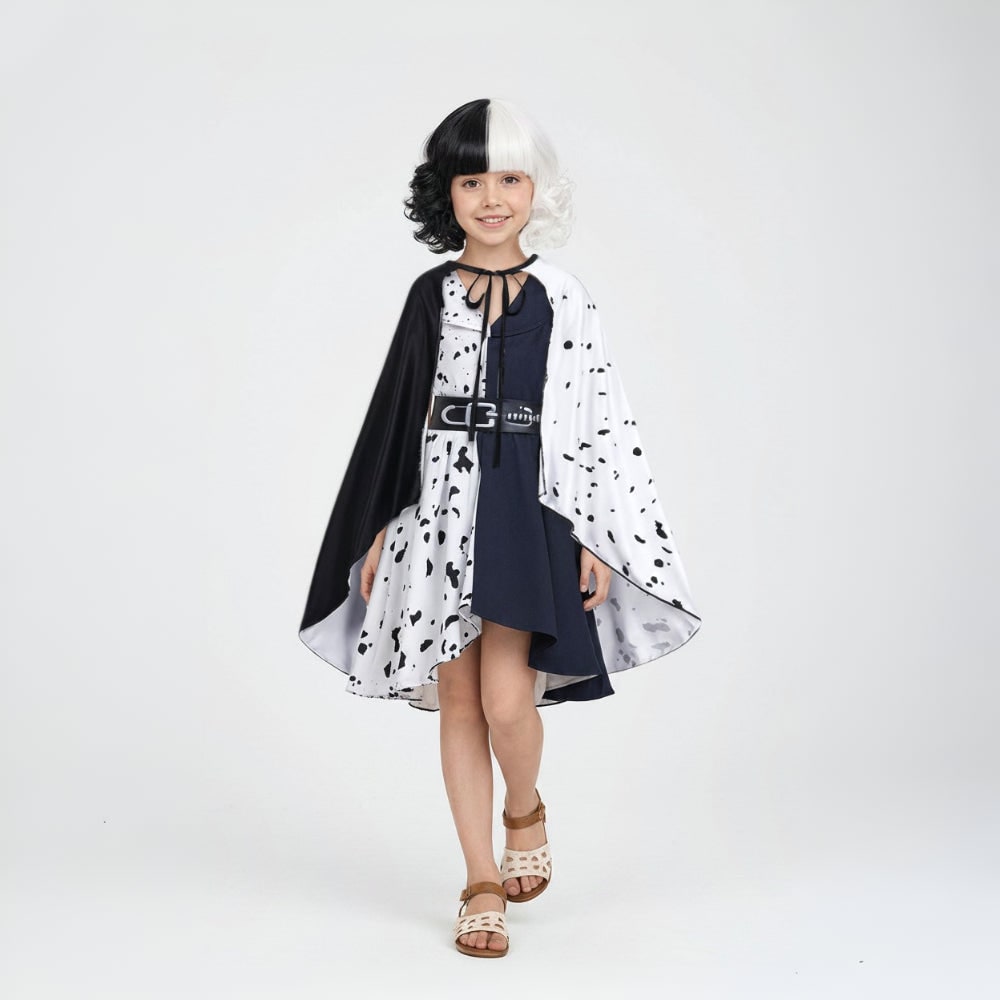 Kids Cruella De Vil Costume Dalmatian Cape and Wig Halloween