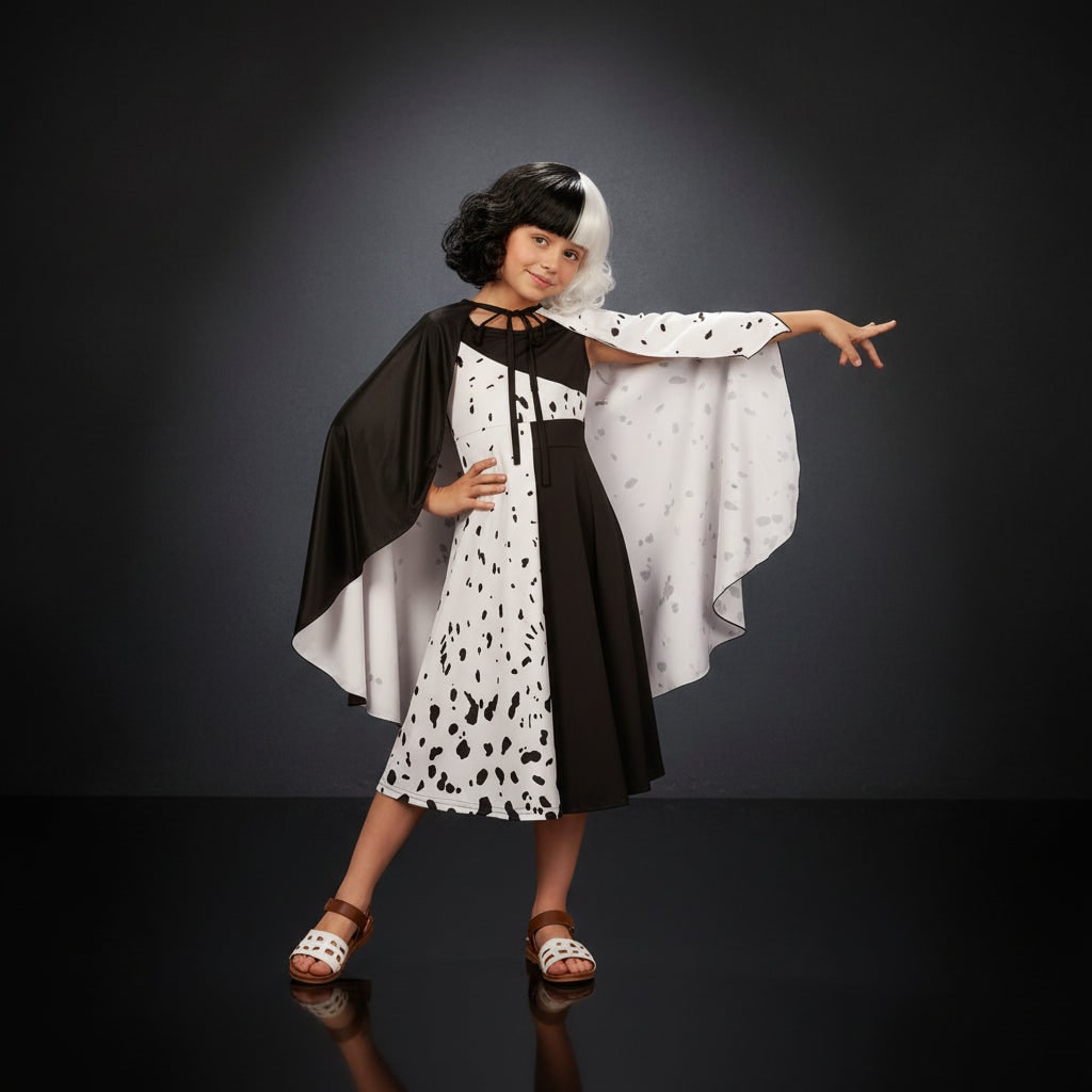 Kids Cruella De Vil Costume Split Black and White Dress with Cape Halloween