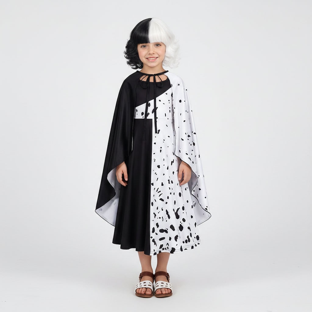 Kids Cruella De Vil Costume Split Black and White Dress with Cape Halloween
