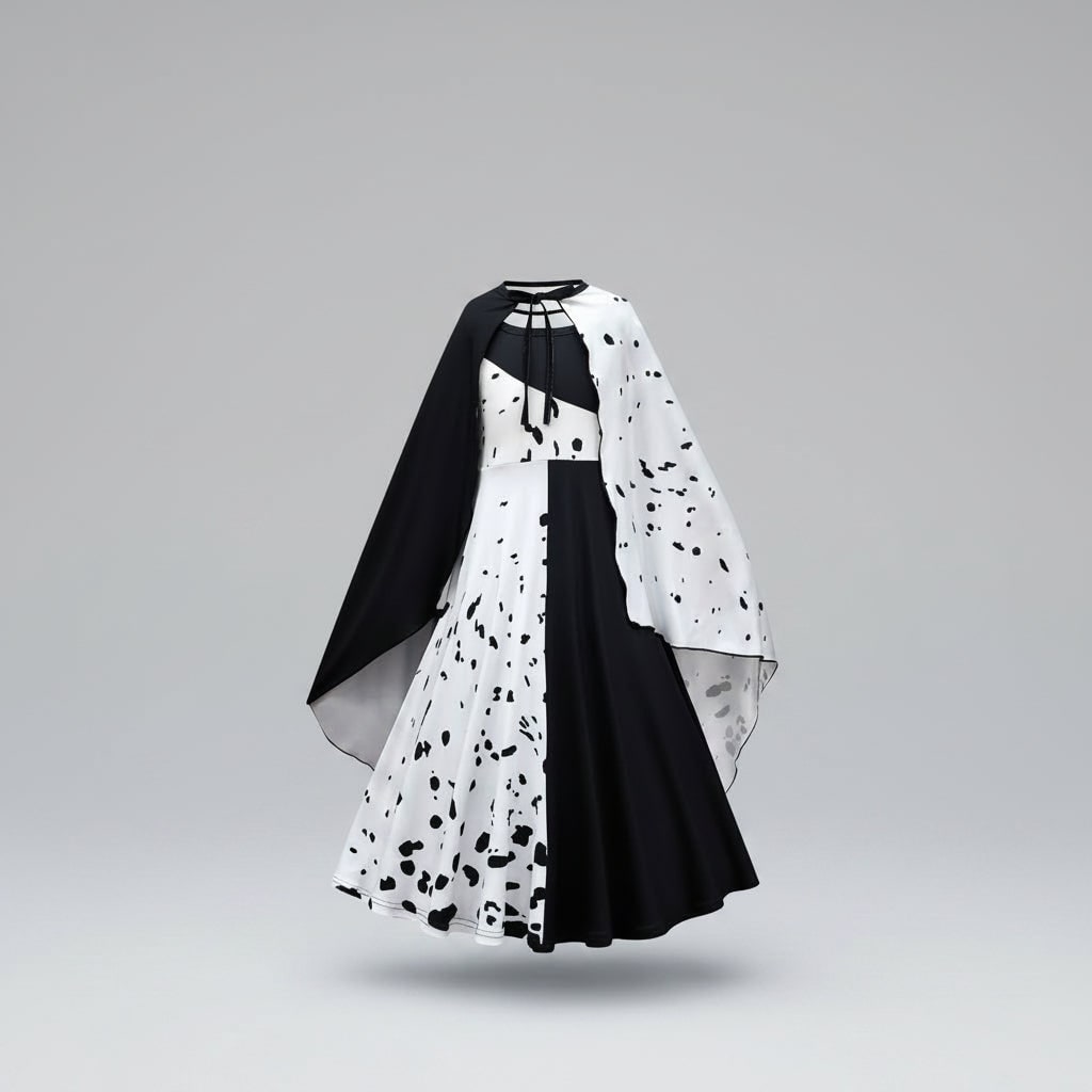 Kids Cruella De Vil Costume Split Black and White Dress with Cape Halloween