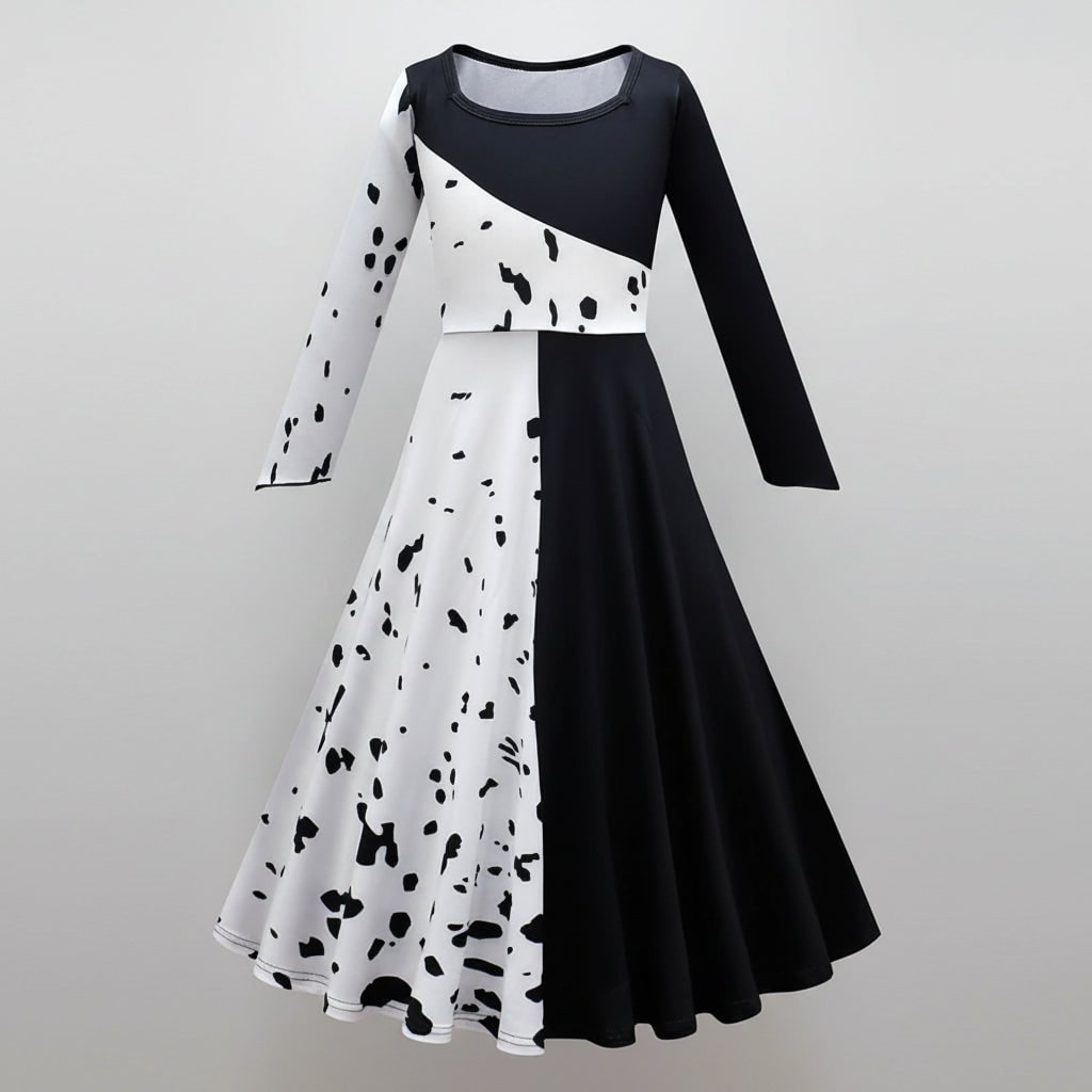 Kids Cruella De Vil Costume Split Black and White Dress with Cape Halloween