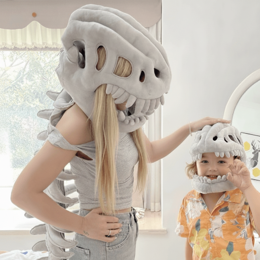 Kids Dinosaur Skull Cap Beanie Costume with Plush Spine Tail and 3D Bones Halloween