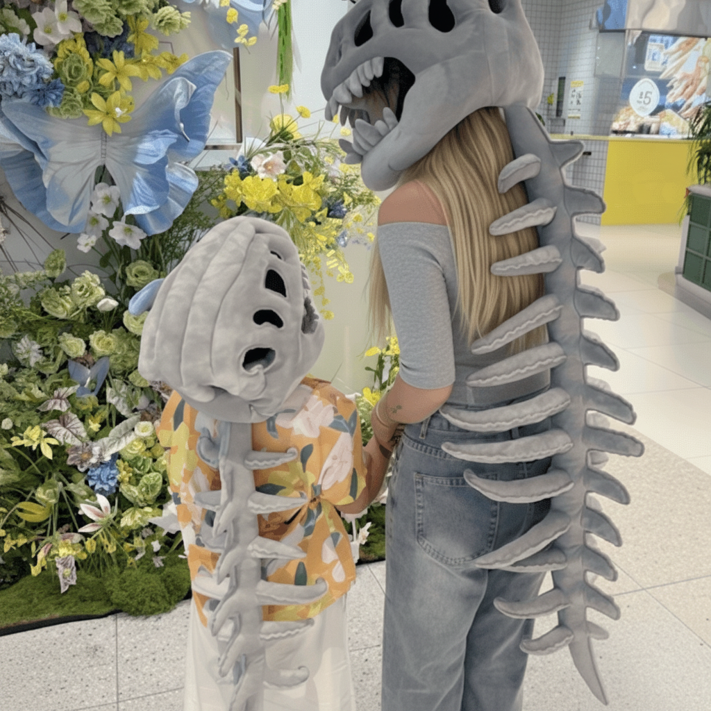 Kids Dinosaur Skull Cap Beanie Costume with Plush Spine Tail and 3D Bones Halloween