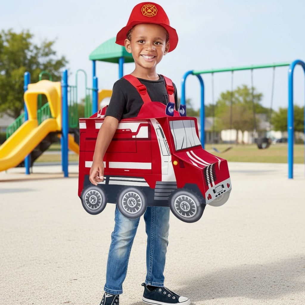 Kids Firefighter Costume Hat Reflective Stripes and Badge Halloween Dress Up