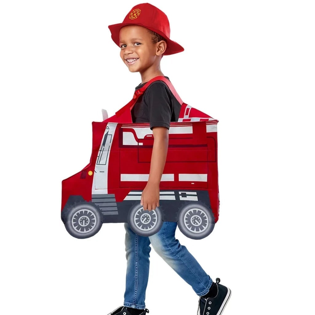 Kids Firefighter Costume Hat Reflective Stripes and Badge Halloween Dress Up