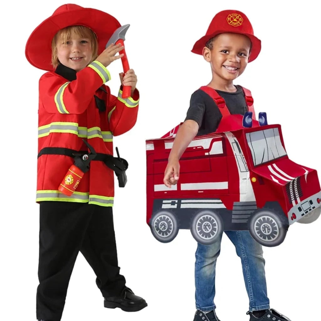 Kids Firefighter Costume Hat Reflective Stripes and Badge Halloween Dress Up