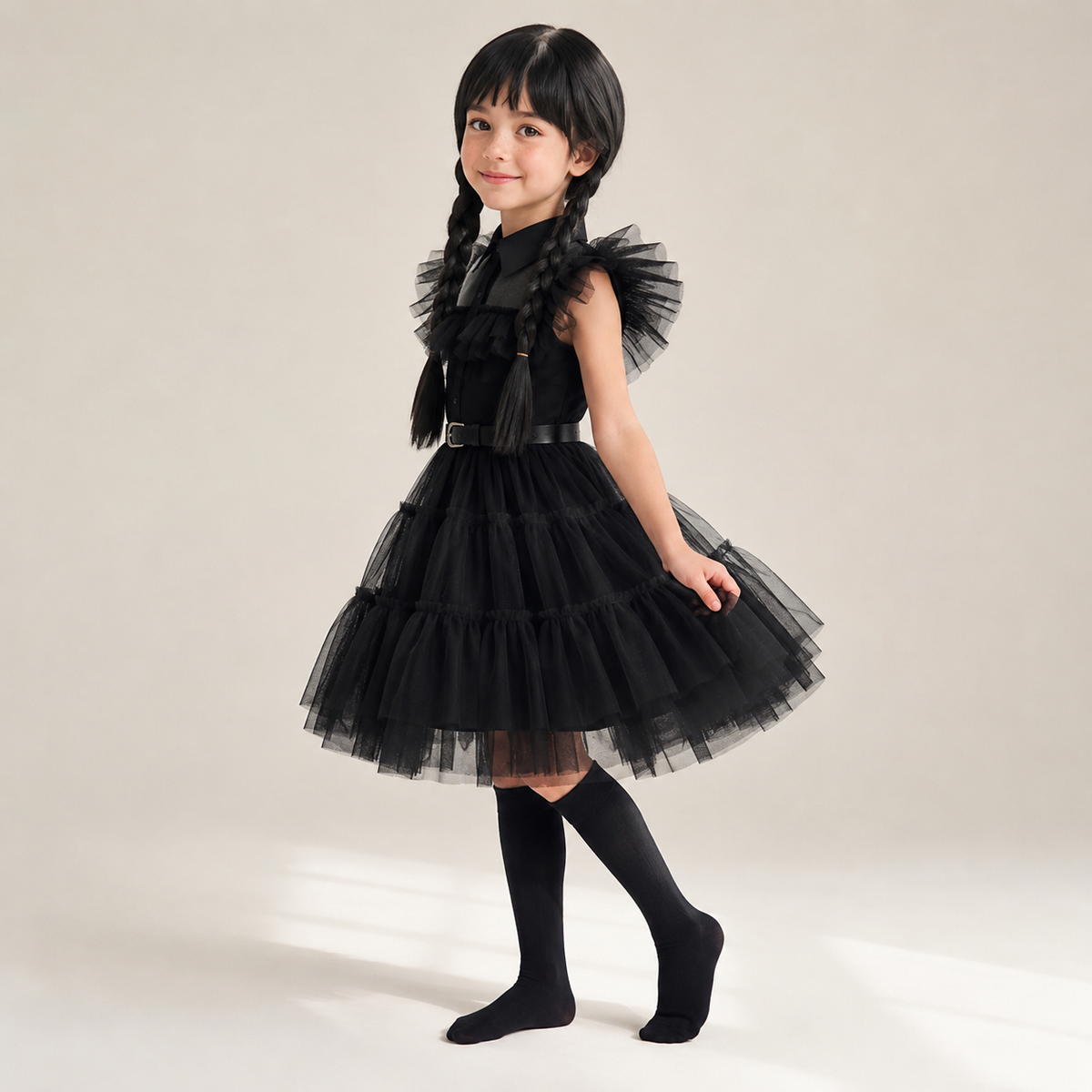 Kids Gothic Schoolgirl Family Costume Dress Tiered Tulle Skirt Lace Mask Halloween