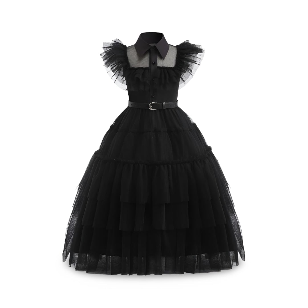 Kids Gothic Schoolgirl Family Costume Dress Tiered Tulle Skirt Lace Mask Halloween