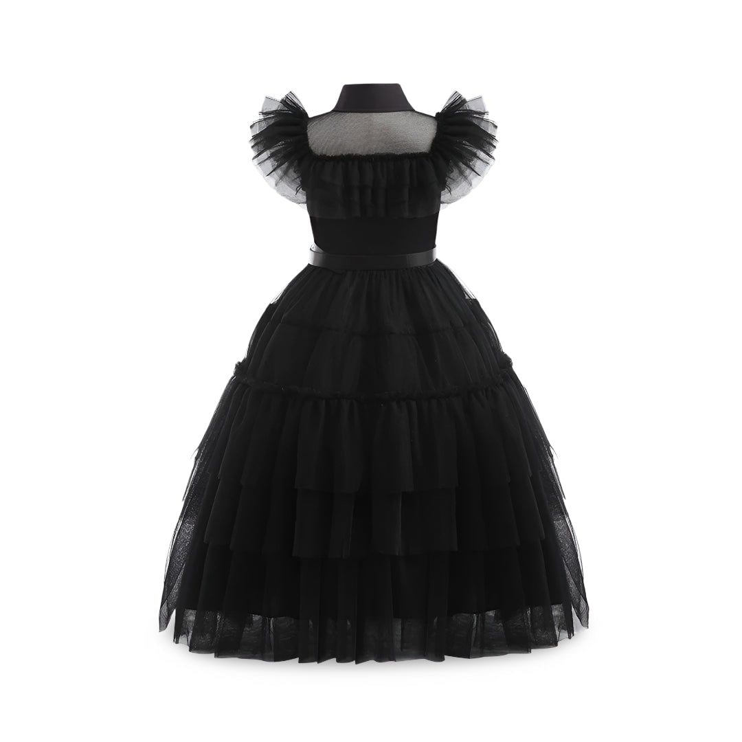 Kids Gothic Schoolgirl Family Costume Dress Tiered Tulle Skirt Lace Mask Halloween