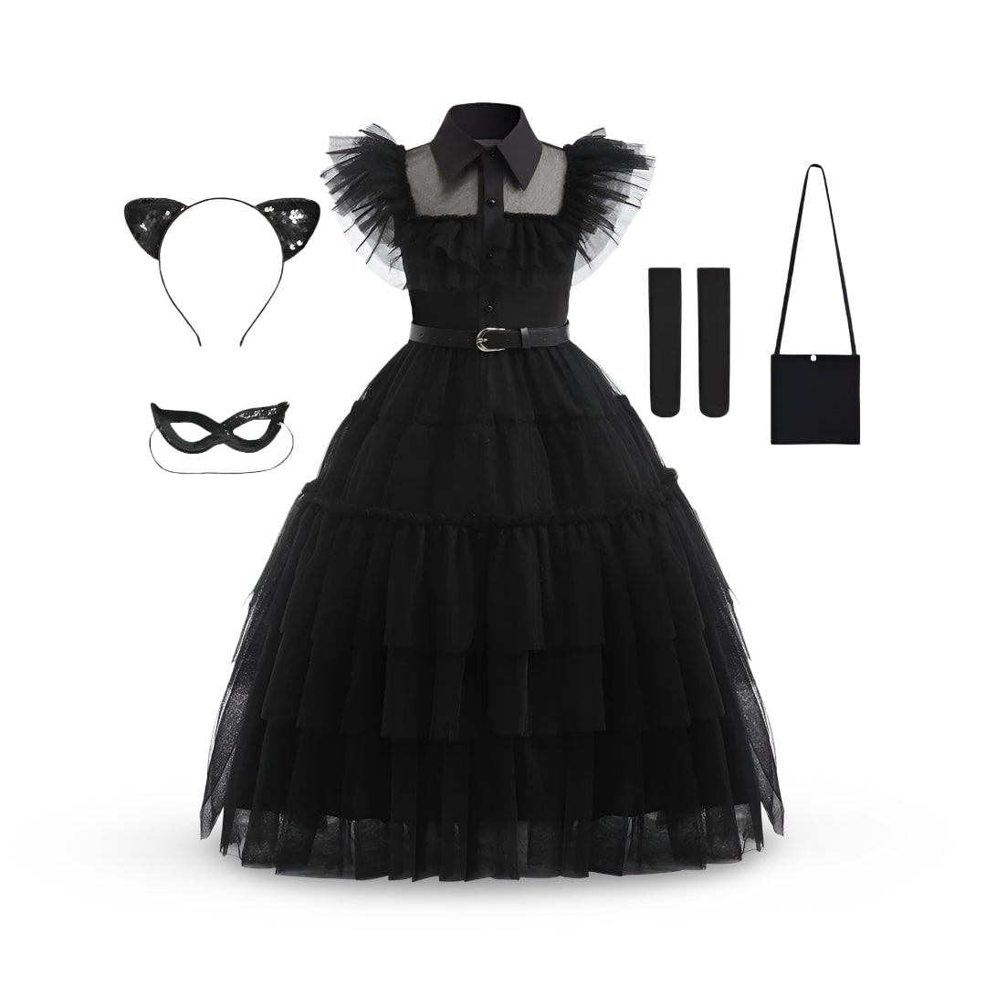 Kids Gothic Schoolgirl Family Costume Dress Tiered Tulle Skirt Lace Mask Halloween