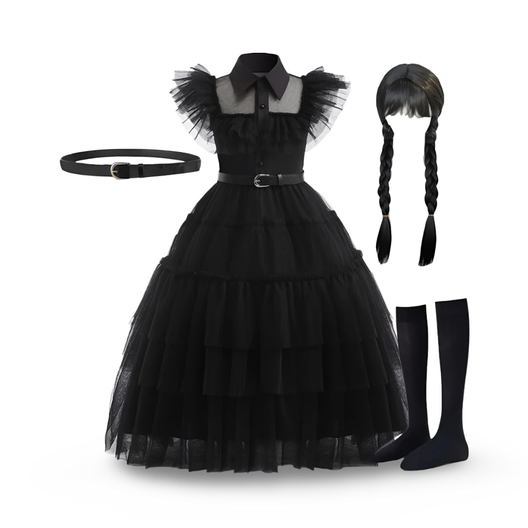 Kids Gothic Schoolgirl Family Costume Dress Tiered Tulle Skirt Lace Mask Halloween