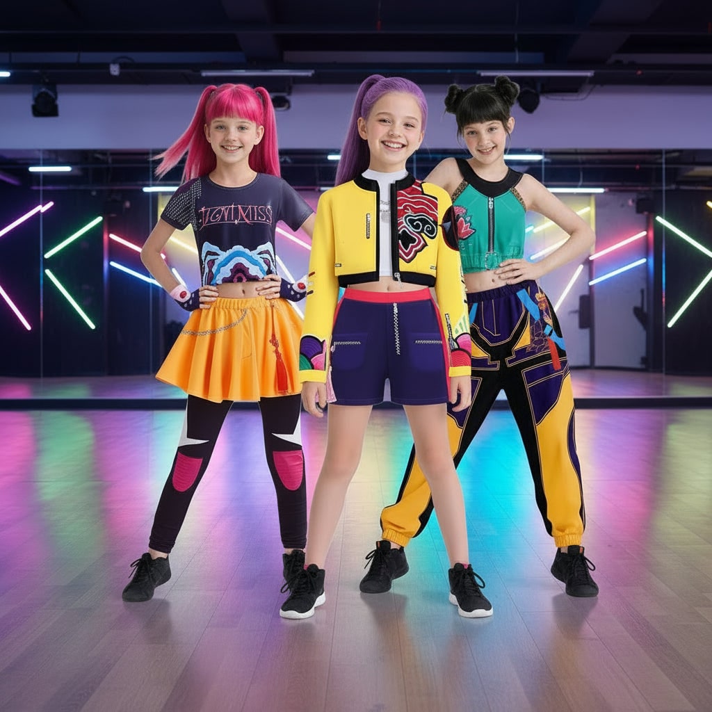 Kids Hip Hop Dance Costume Cropped Jacket Graphic Top Flared Skirt Halloween