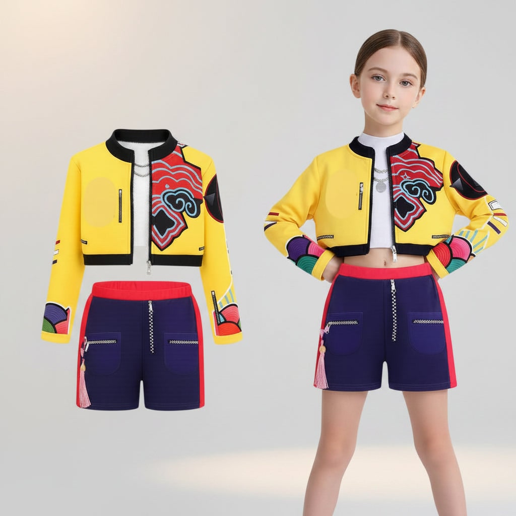 Kids Hip Hop Dance Costume Cropped Jacket Graphic Top Flared Skirt Halloween