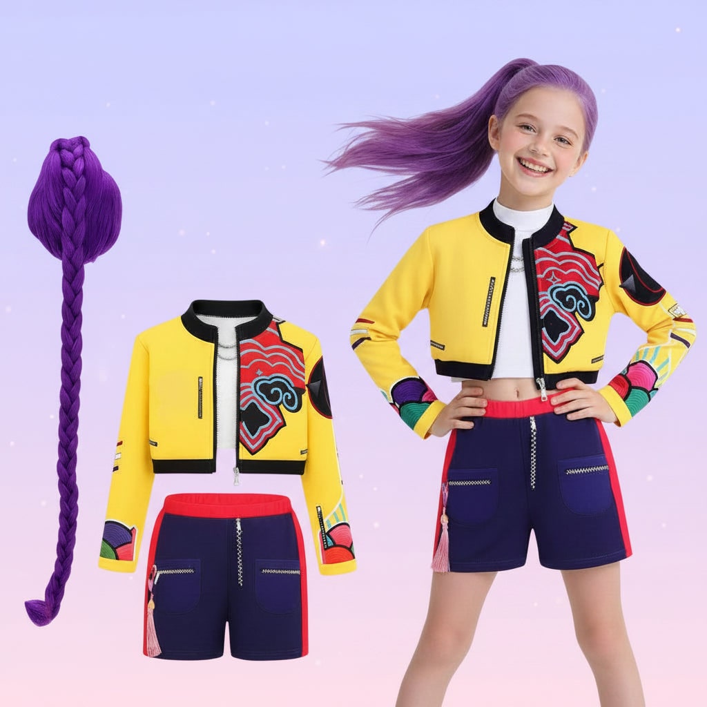 Kids Hip Hop Dance Costume Cropped Jacket Graphic Top Flared Skirt Halloween