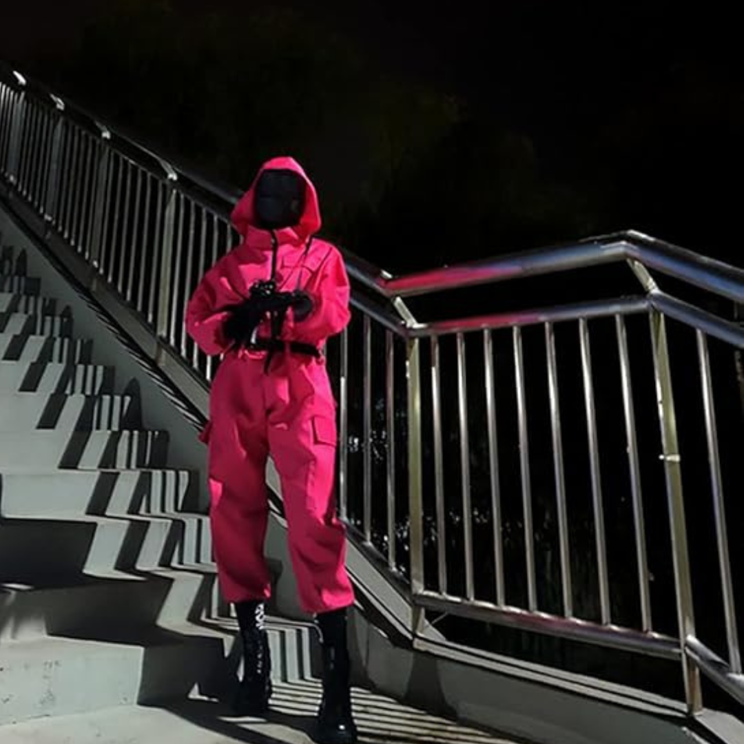 Kids Pink Hooded Jumpsuit Costume with Mask Belt and Cargo Pockets Halloween