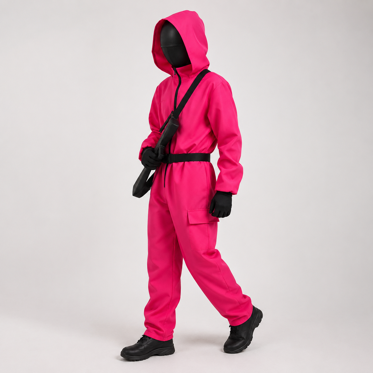 Kids Pink Hooded Jumpsuit Costume with Mask Belt and Cargo Pockets Halloween
