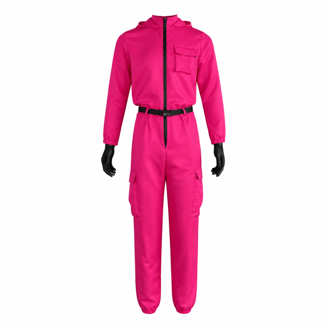 Kids Pink Hooded Jumpsuit Costume with Mask Belt and Cargo Pockets Halloween