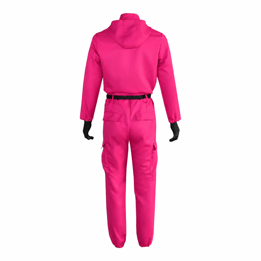 Kids Pink Hooded Jumpsuit Costume with Mask Belt and Cargo Pockets Halloween