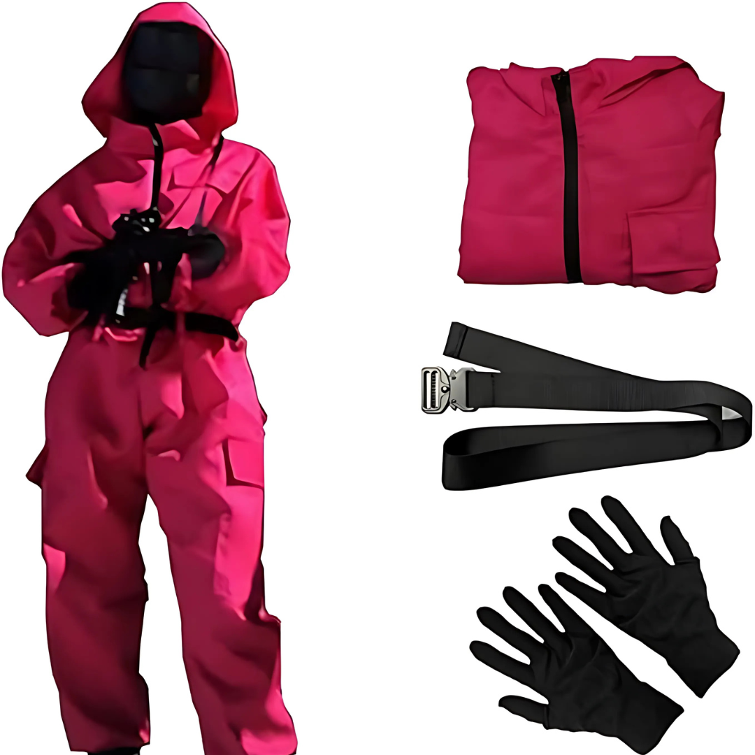 Kids Pink Hooded Jumpsuit Costume with Mask Belt and Cargo Pockets Halloween