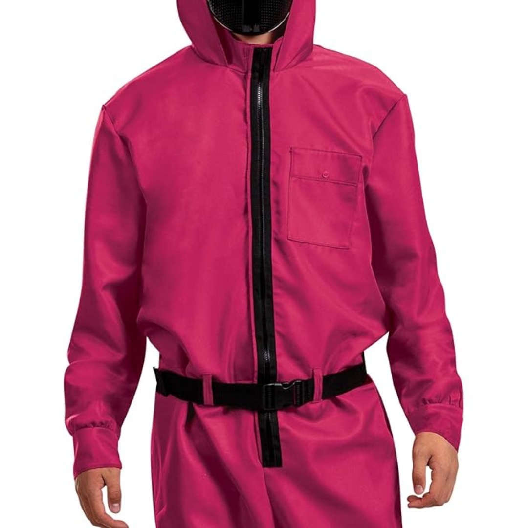 Kids Pink Hooded Jumpsuit Costume with Mask Belt and Cargo Pockets Halloween