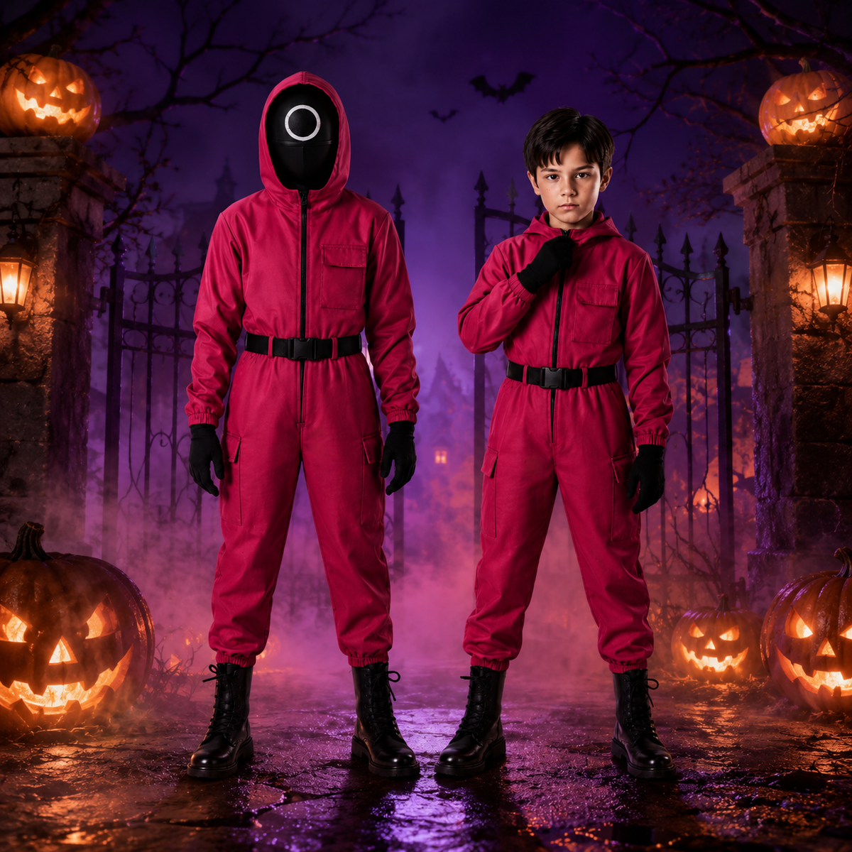 Kids Hooded Jumpsuit Costume with Mesh Mask and Gloves Trick or Treat Halloween