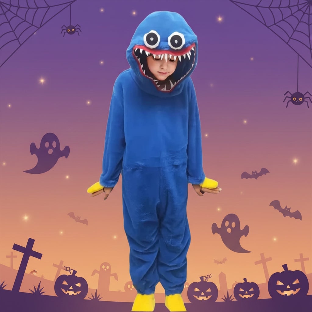 Kids Monster Onesie Plush Jumpsuit Costume Hood Embroidered Eyes Halloween