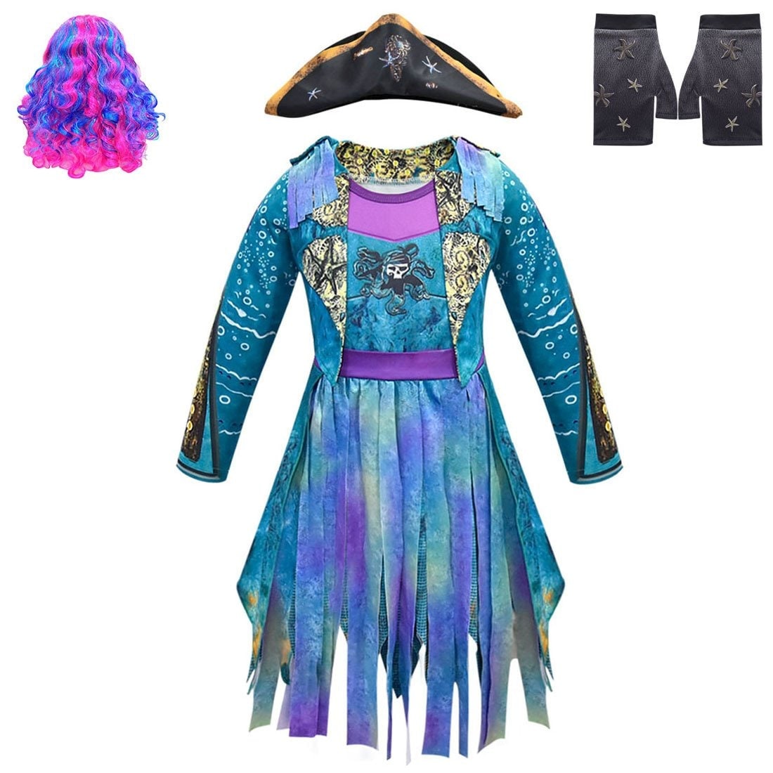 Kids Pirate Costume Dress Outfit with Skull Graphic and Tattered Hem Halloween