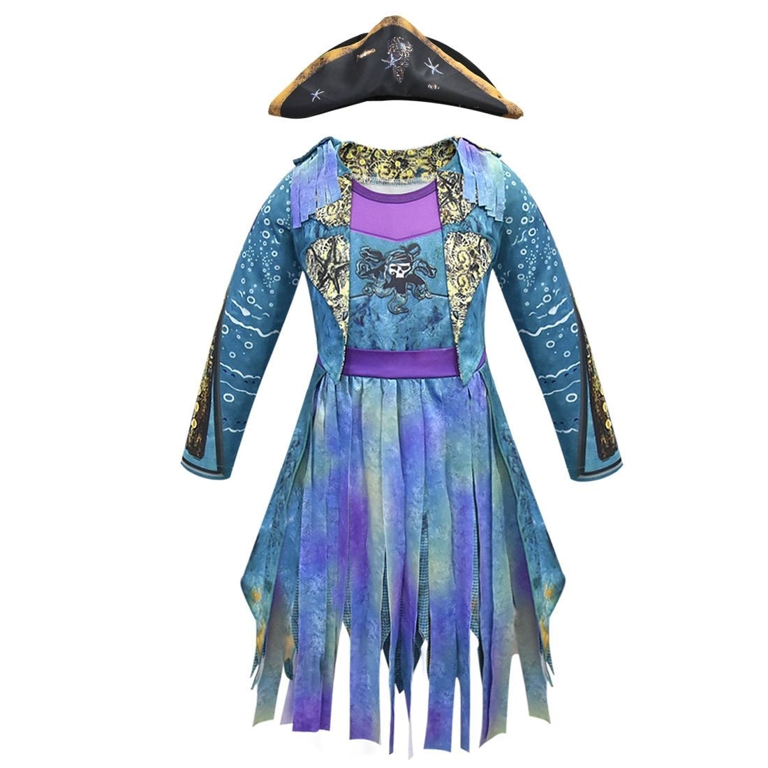 Kids Pirate Costume Dress Outfit with Skull Graphic and Tattered Hem Halloween