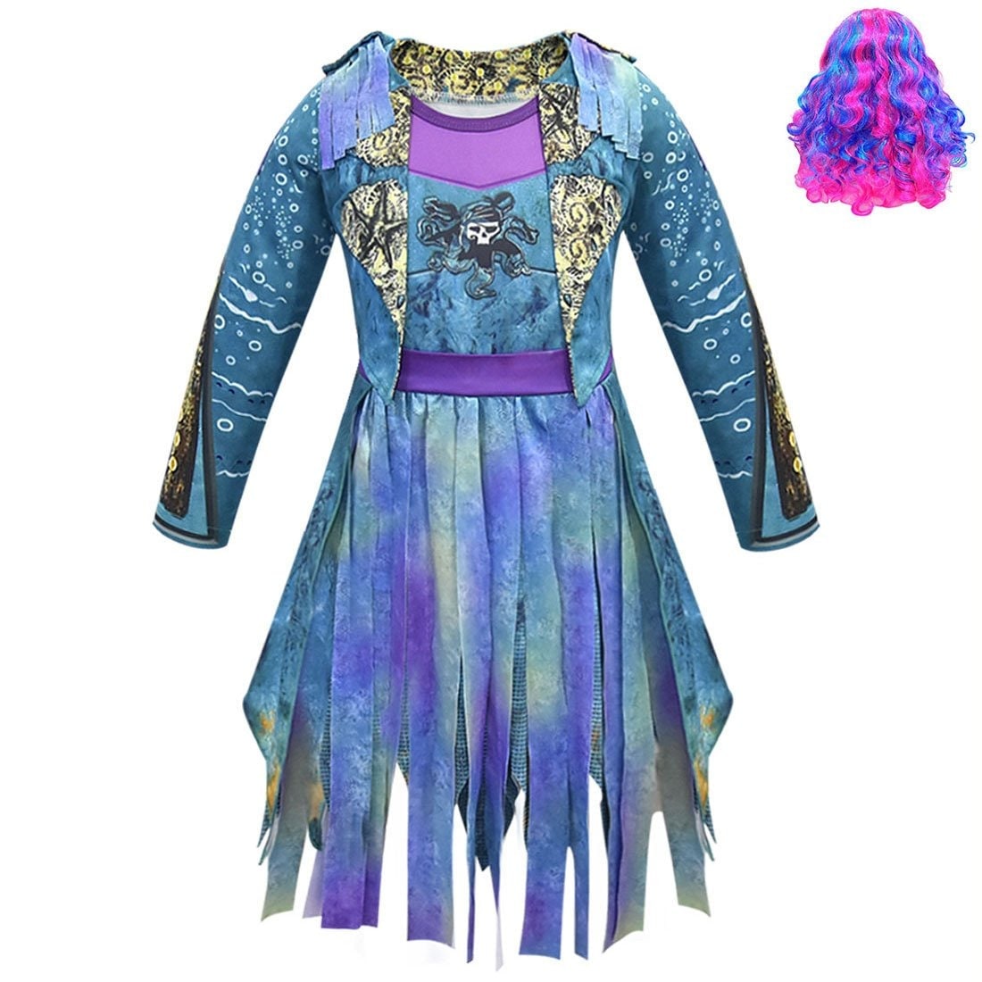 Kids Pirate Costume Dress Outfit with Skull Graphic and Tattered Hem Halloween