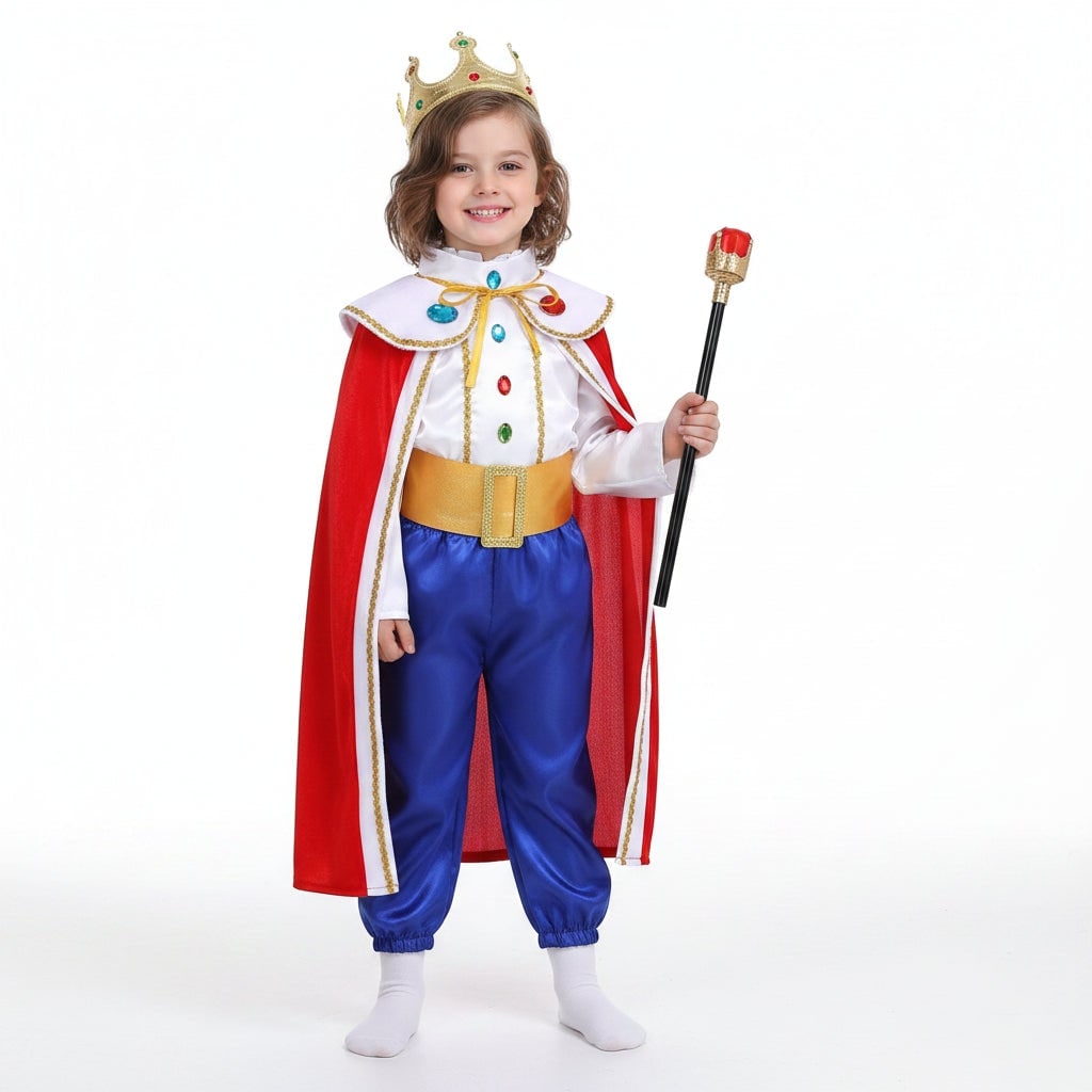 Kids Royal Prince Costume Set with Gold Crown Scepter and Red Cape Halloween