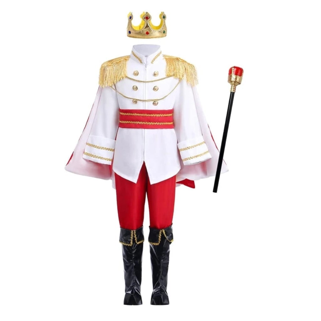 Kids Royal Prince Costume Set with Gold Crown Scepter and Red Cape Halloween
