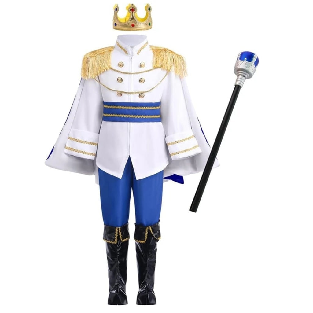 Kids Royal Prince Costume Set with Gold Crown Scepter and Red Cape Halloween