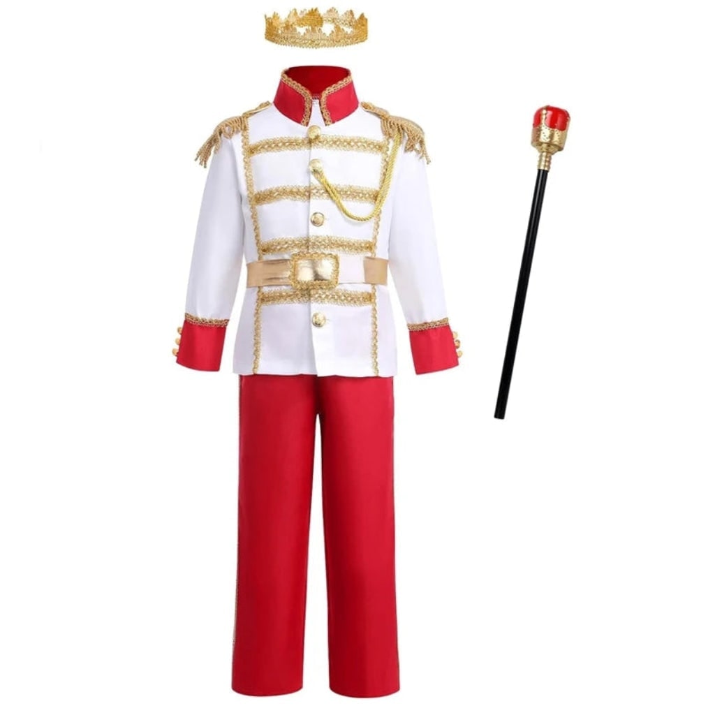 Kids Royal Prince Costume Set with Gold Crown Scepter and Red Cape Halloween