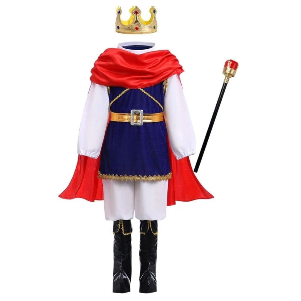 Kids Royal Prince Costume Set with Gold Crown Scepter and Red Cape Halloween