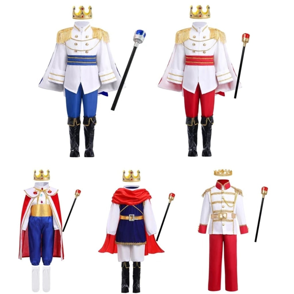 Kids Royal Prince Costume Set with Gold Crown Scepter and Red Cape Halloween