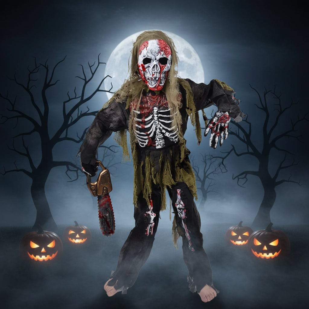 Kids Zombie Skeleton Costume Skull Mask and Gloves Three Piece Set Halloween
