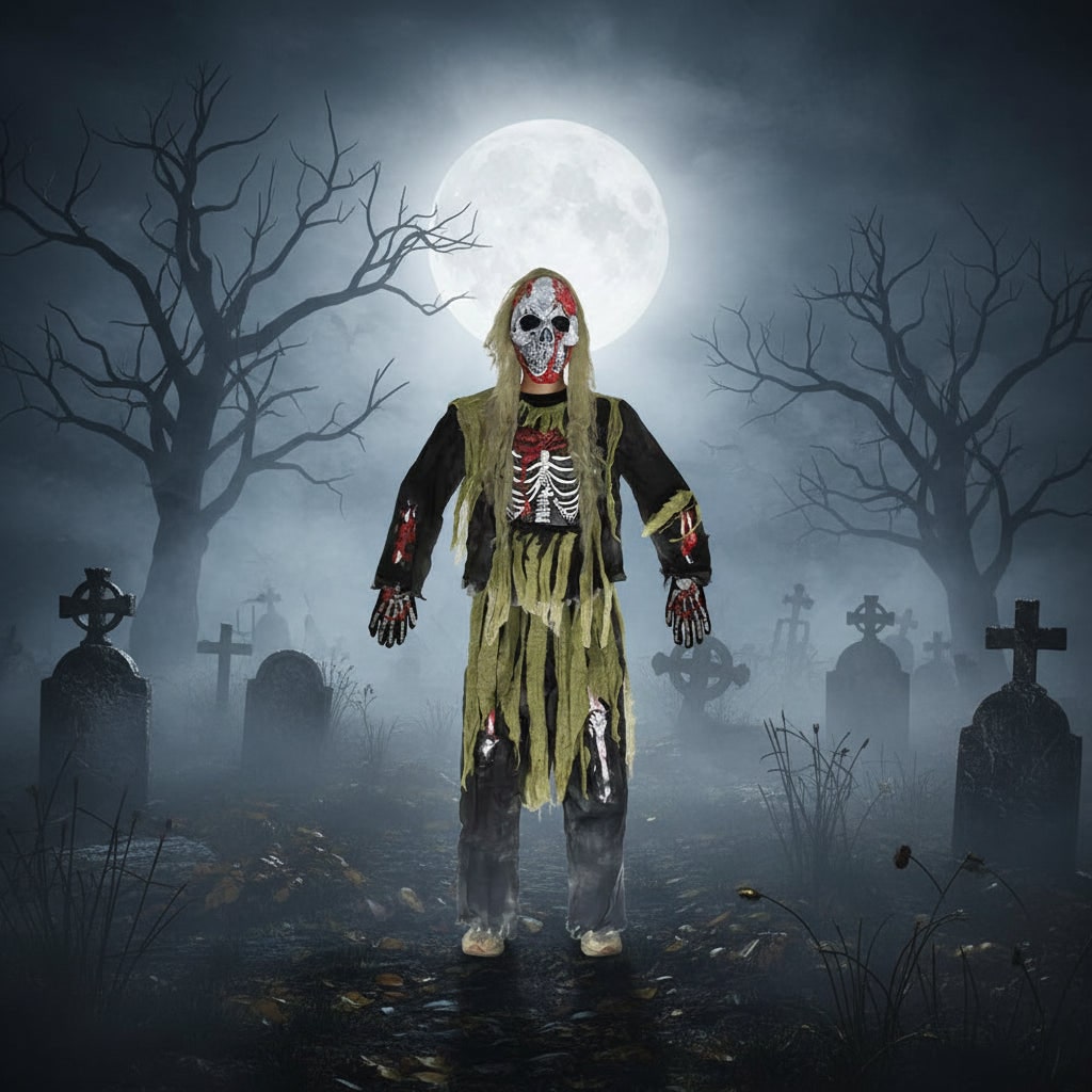 Kids Zombie Skeleton Costume Skull Mask and Gloves Three Piece Set Halloween