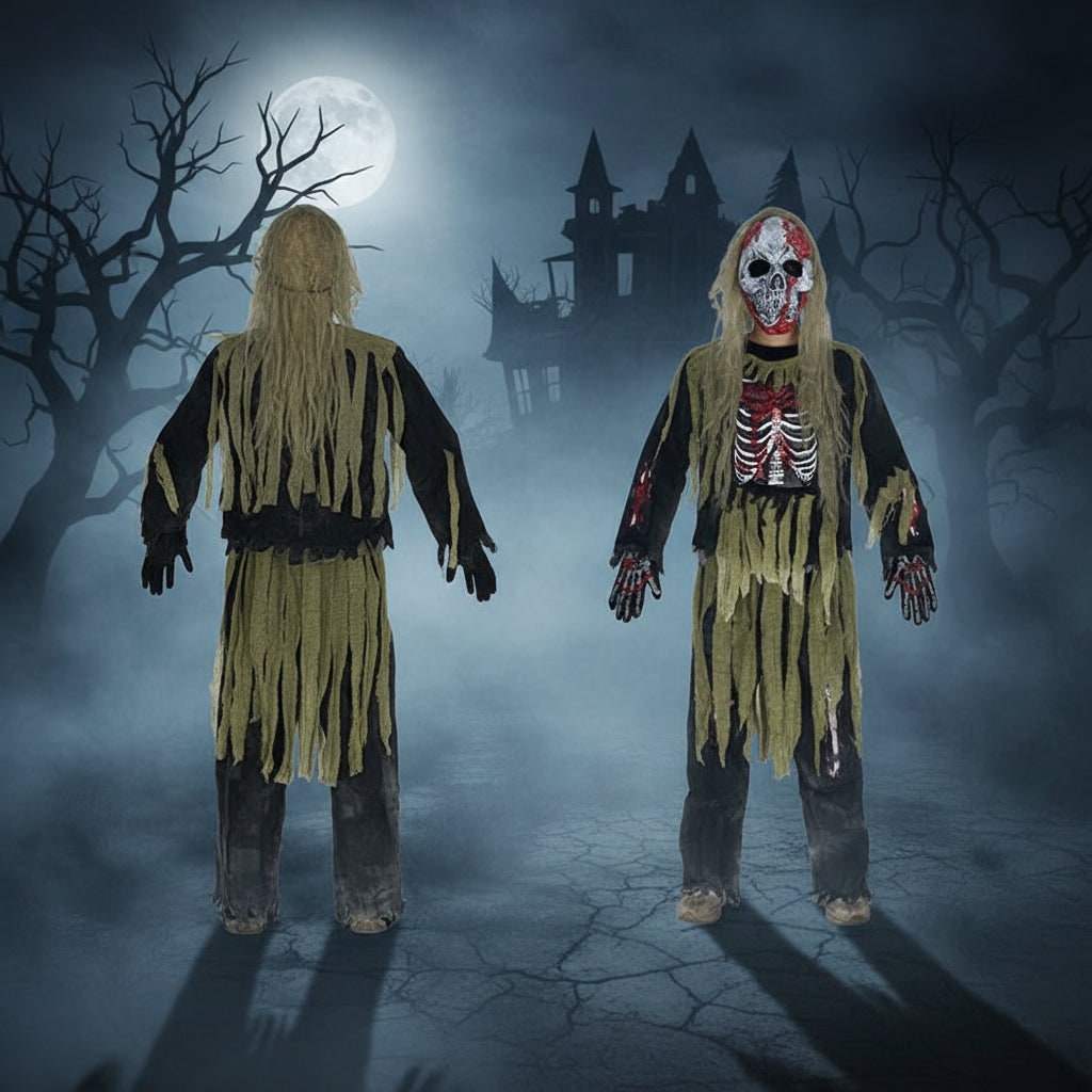 Kids Zombie Skeleton Costume Skull Mask and Gloves Three Piece Set Halloween