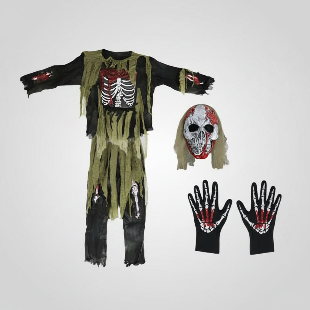 Kids Zombie Skeleton Costume Skull Mask and Gloves Three Piece Set Halloween