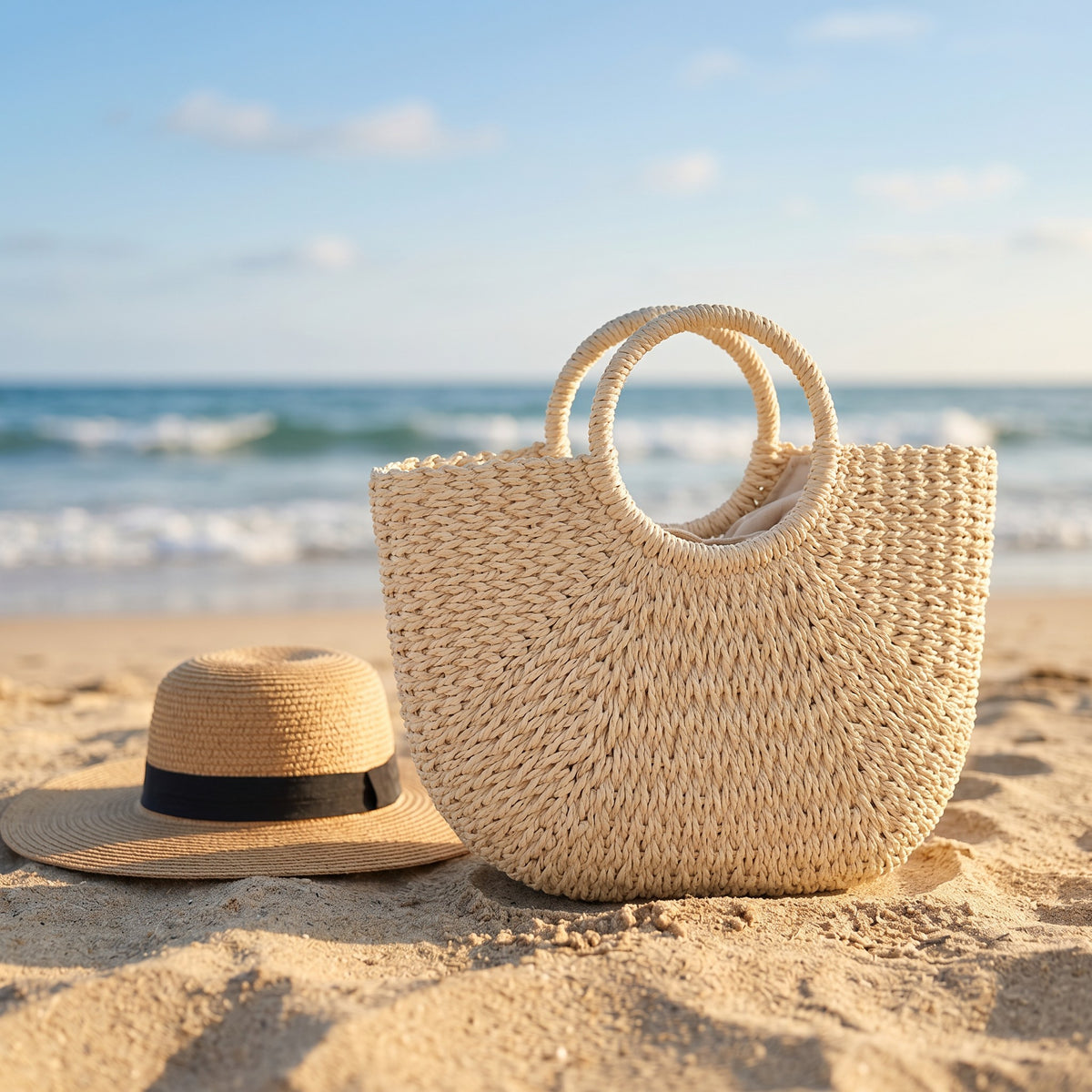 Large Woven Straw Beach Tote Bag with Round Handles