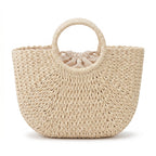 Beige large woven straw beach tote bag