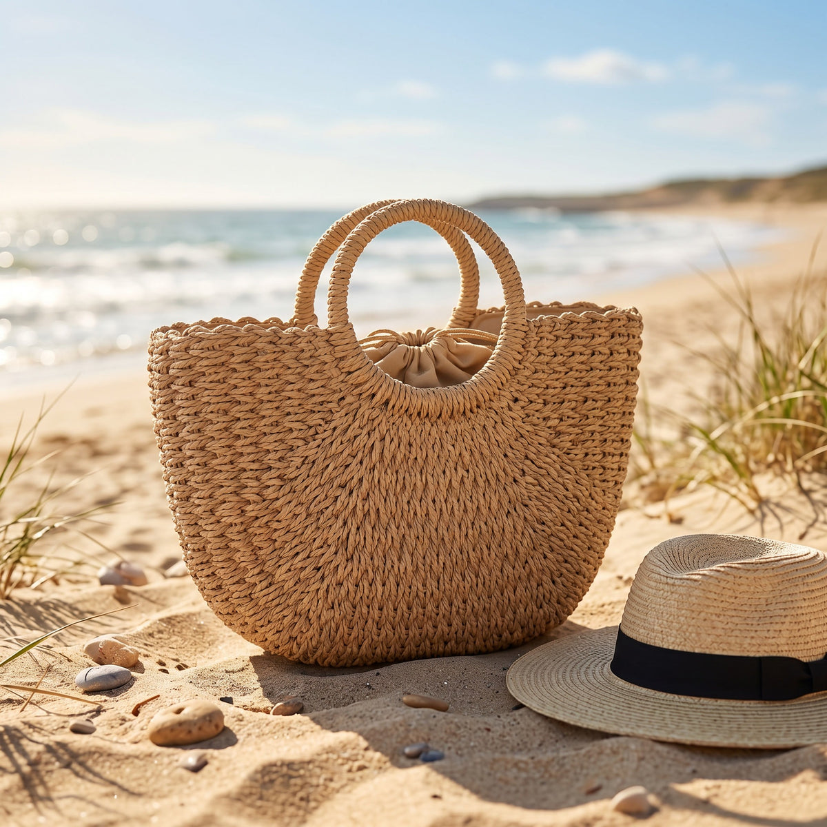 Large Woven Straw Beach Tote Bag with Round Handles