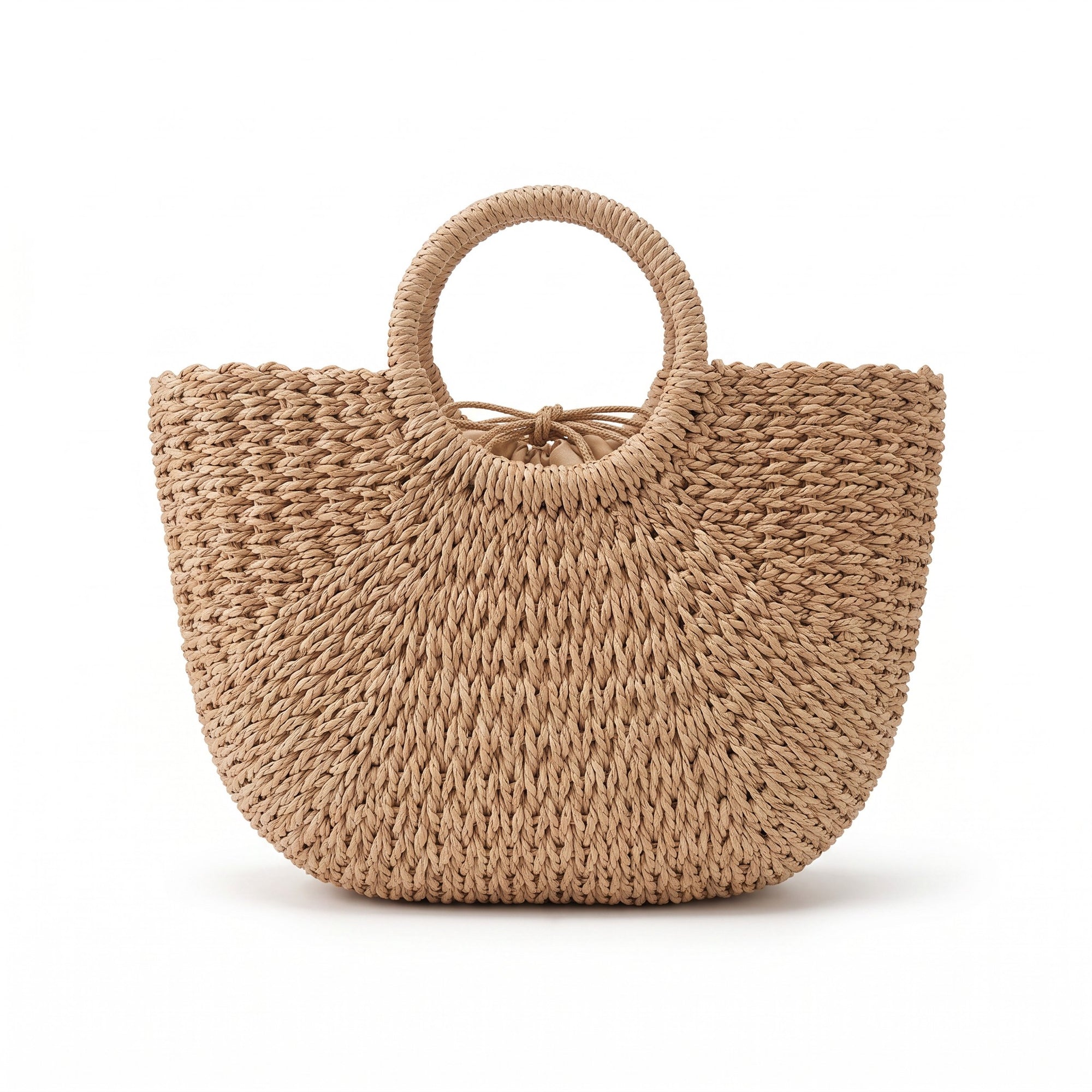 Khaki large woven straw beach tote bag