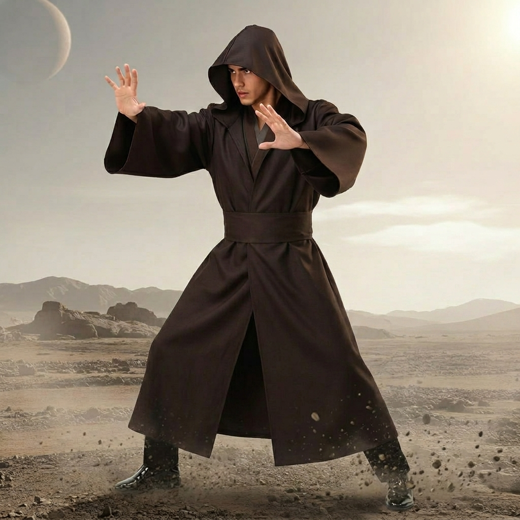 Mens Jedi Cosplay Costume Hooded Robe Tunic Pants Belt Set Adults Halloween