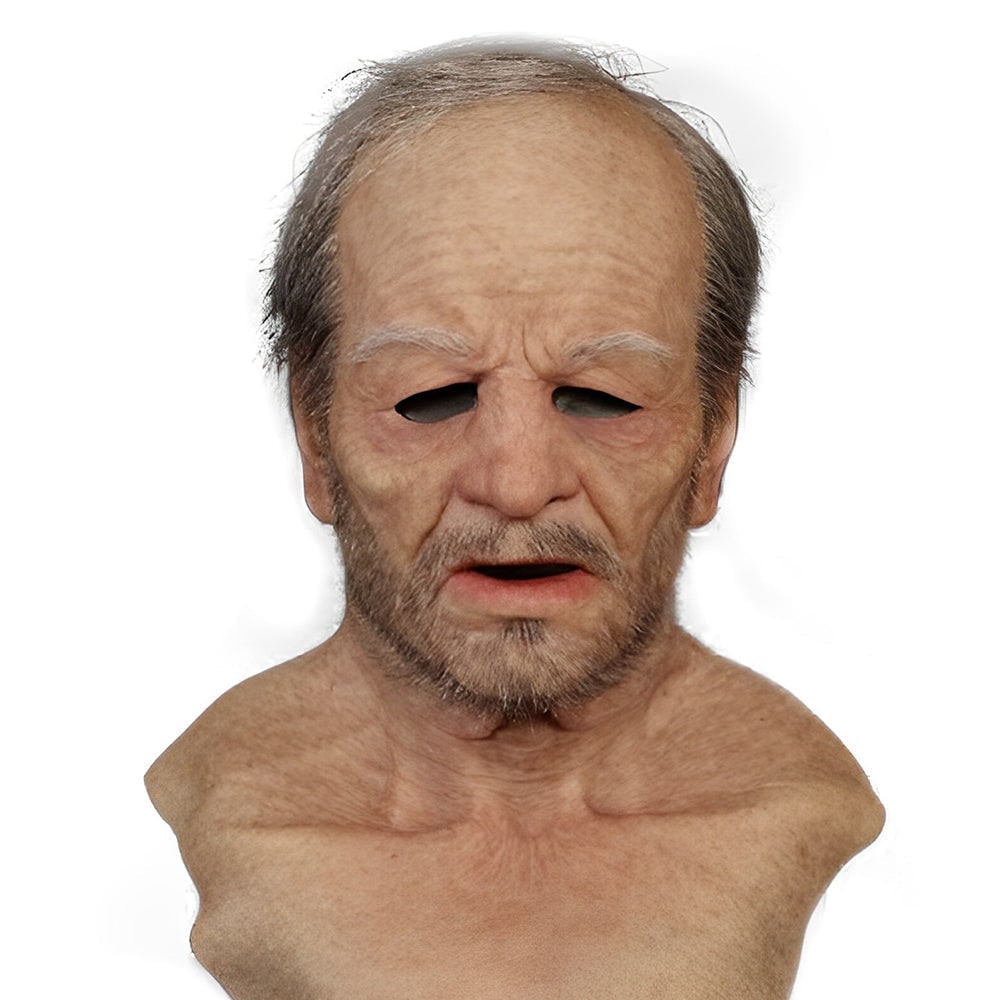Mens Realistic Silicone Old Man Mask Facial Hair Chest Bib Halloween
