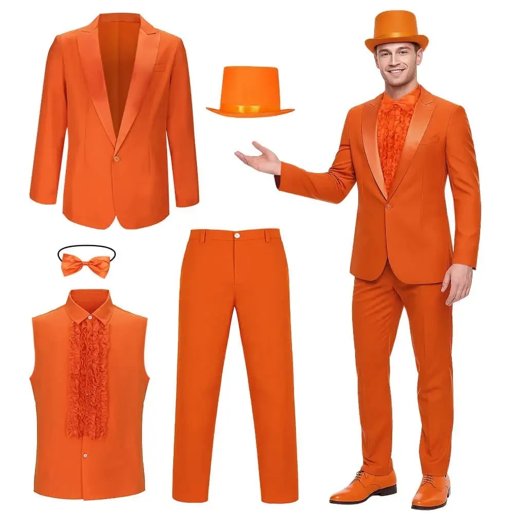 Mens Tuxedo Costume Prom Formal Suit Ruffled Shirt Bow Tie Top Hat Halloween
