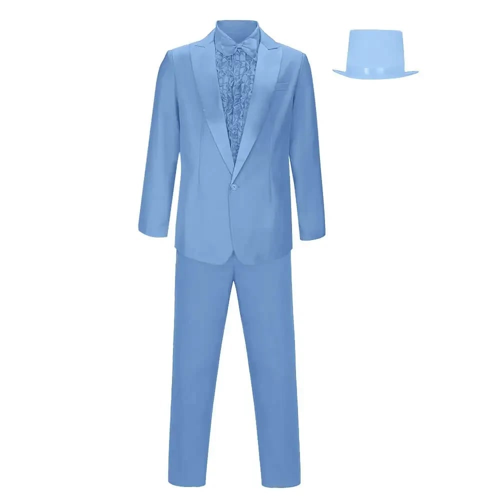 Mens Tuxedo Costume Prom Formal Suit Ruffled Shirt Bow Tie Top Hat Halloween