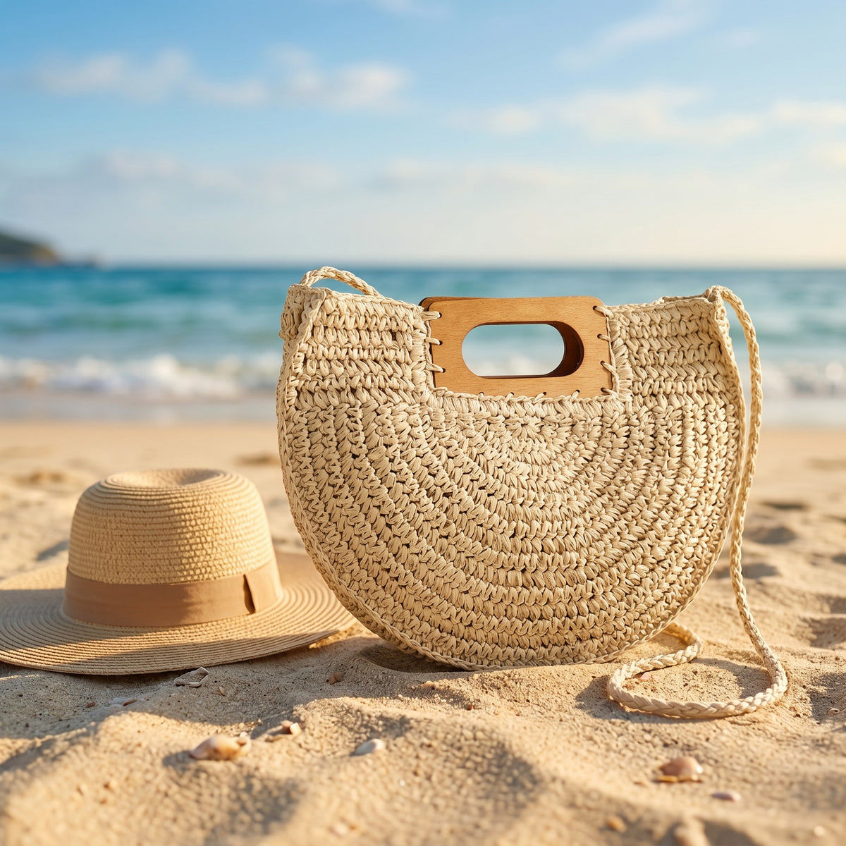 Half-Moon Woven Straw Bag with Wooden Handle